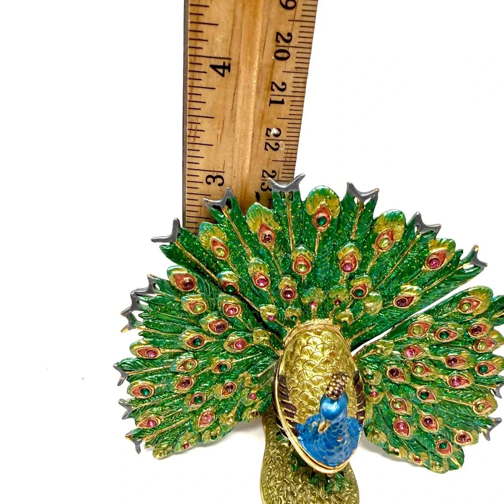 Peacock Trinket Box Enameled Rhinestone Bejeweled Jewelry Holder Green Gold VTG